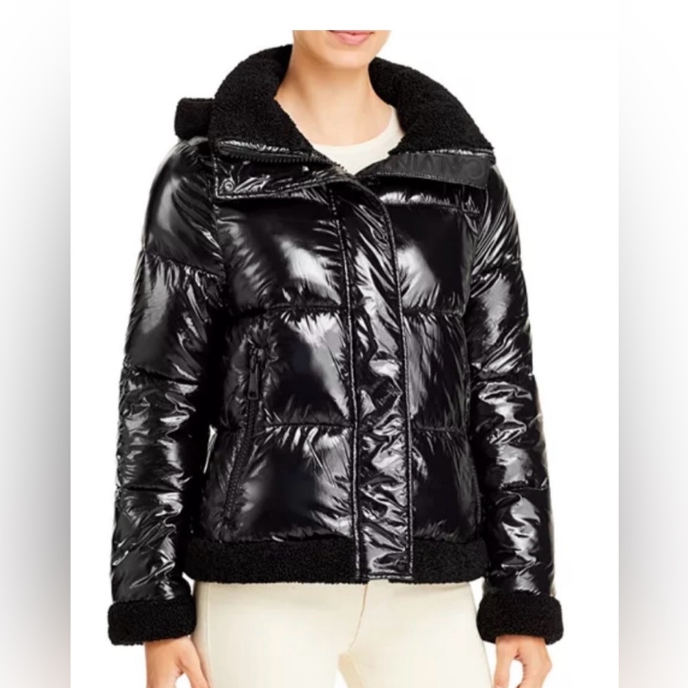 Calvin Klein Black high-shine hooded puffer jacket faux-sherpa trim